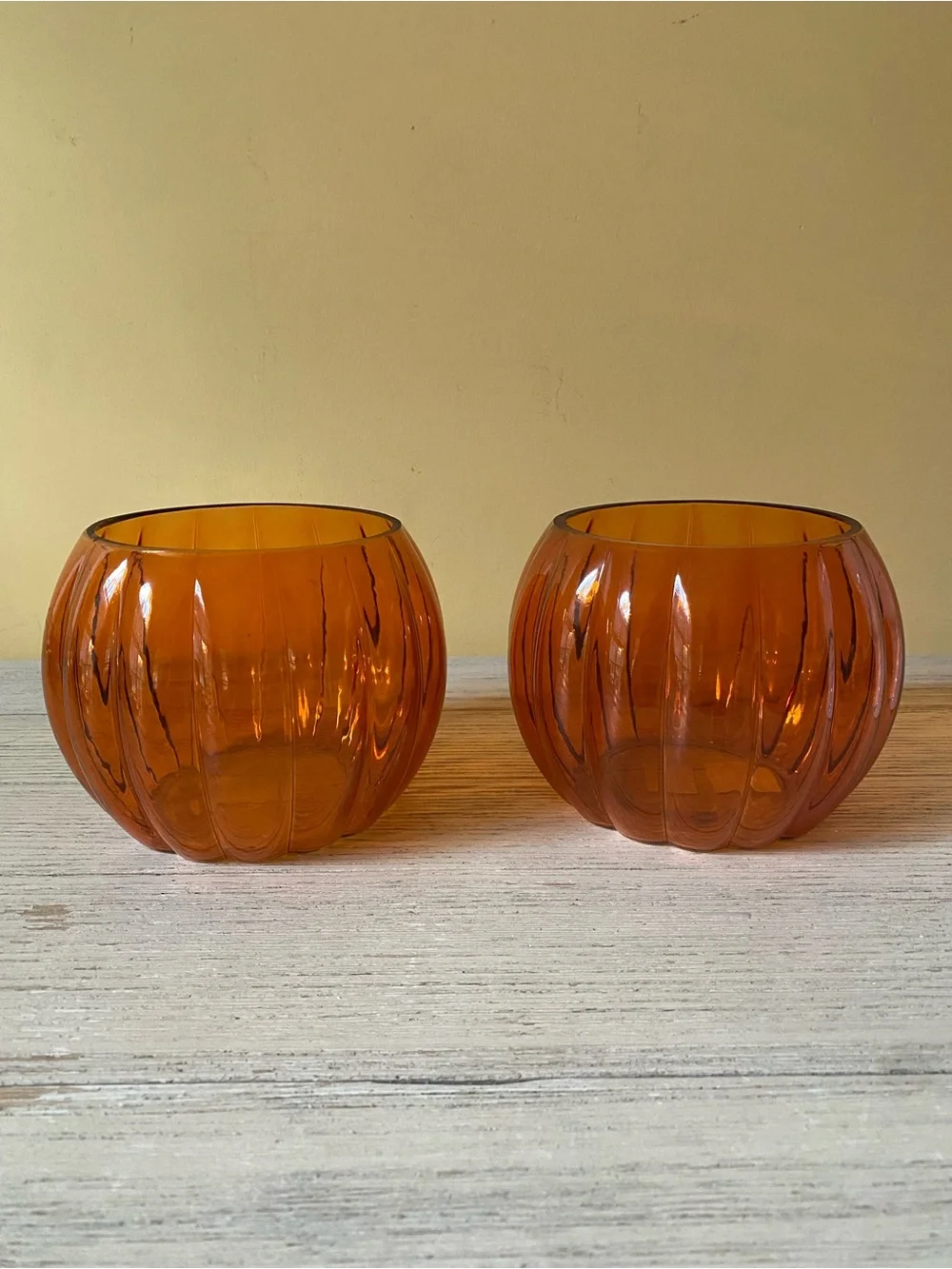 Yankee Candle Amber Glass Round Ribbed Candle Holders